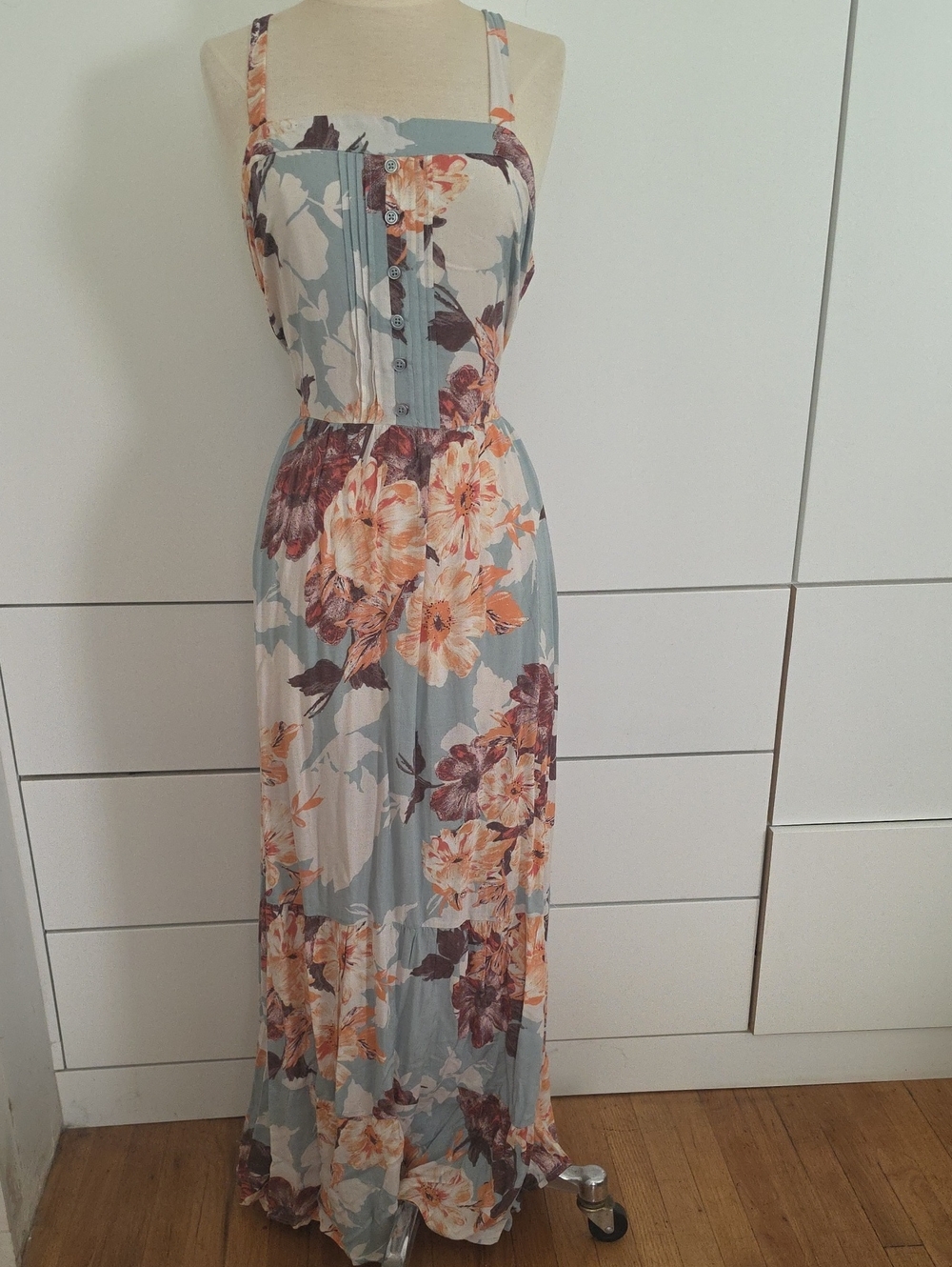 Band of Gypsies Blue Floral Maxi Dress with Peach Blooms